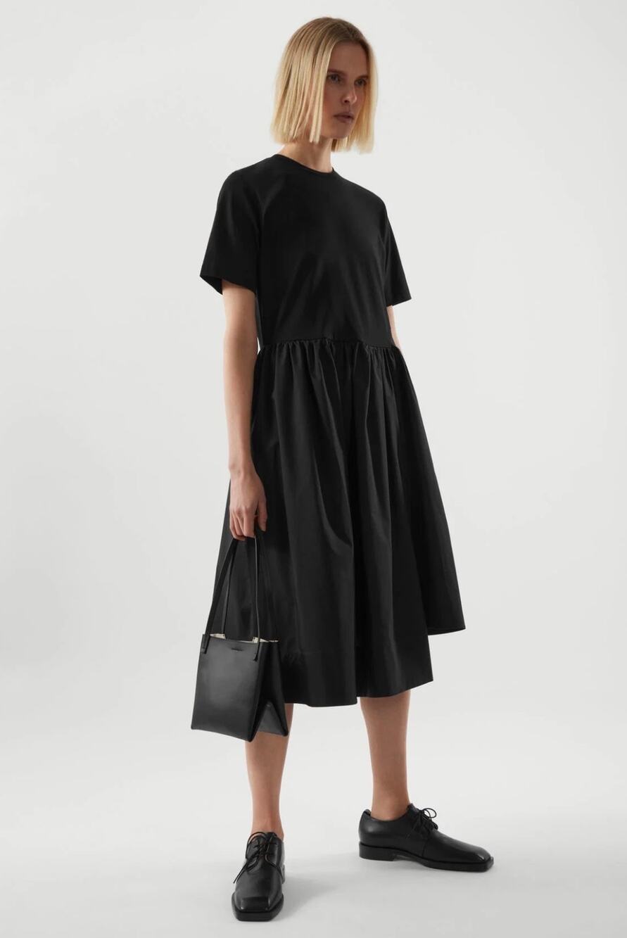 COS A-Line Contrast Skirt Dress Black Size Large L Cotton Midi Pocket EUC